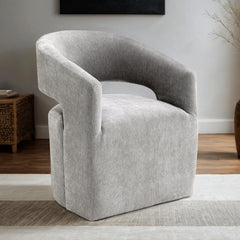 Light Gray Finish 1pc Arm Chair Pedestal Base w/ Casters Round Seat Textured Fabric Contemporary Bedroom Furniture