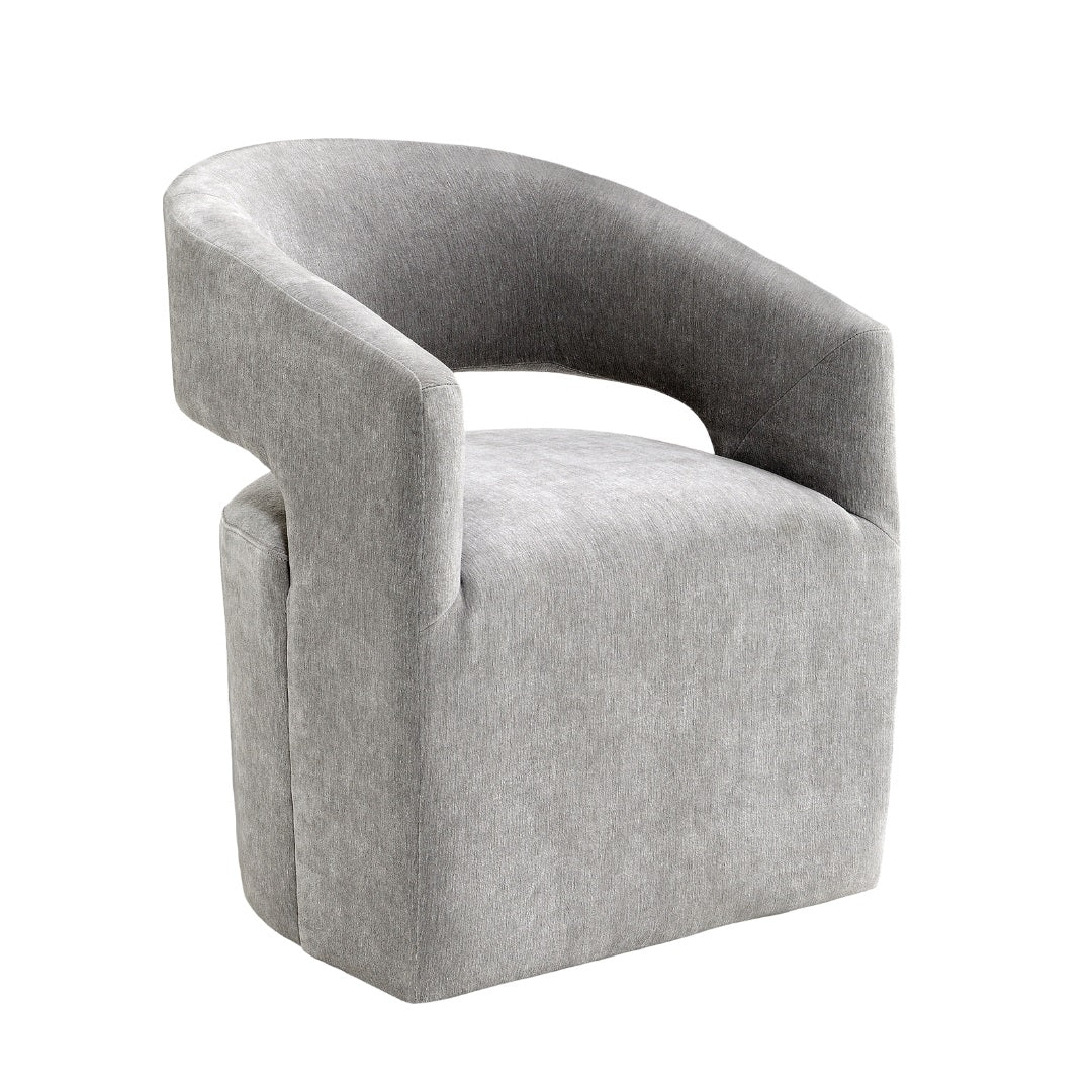 Light Gray Finish 1pc Arm Chair Pedestal Base w/ Casters Round Seat Textured Fabric Contemporary Bedroom Furniture