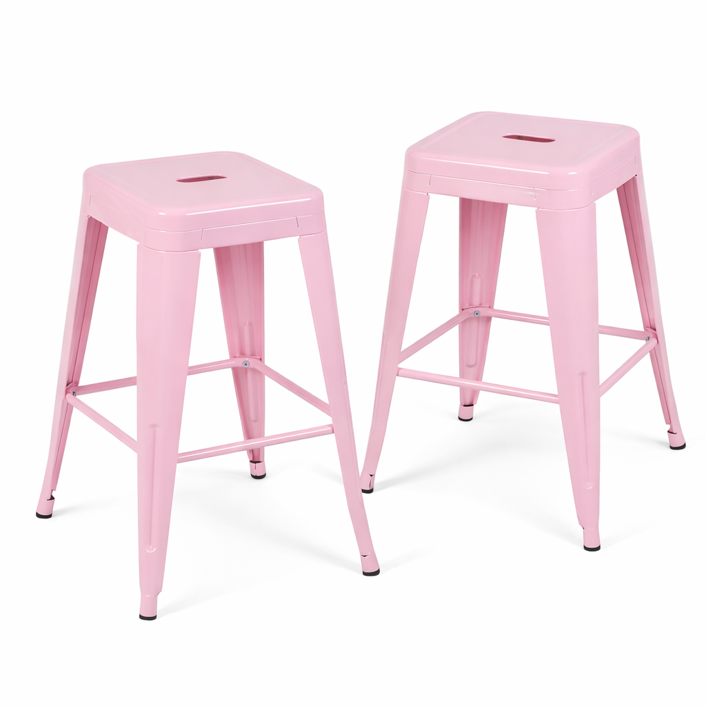 24 Inch Counter Height Stool, Backless Metal Bar Stools Set of 2, Non-Stackable, Detachable & Easy Assembly, Space-Saving Design for Kitchen Island/Bar/Café/Dining Room (Pink)
