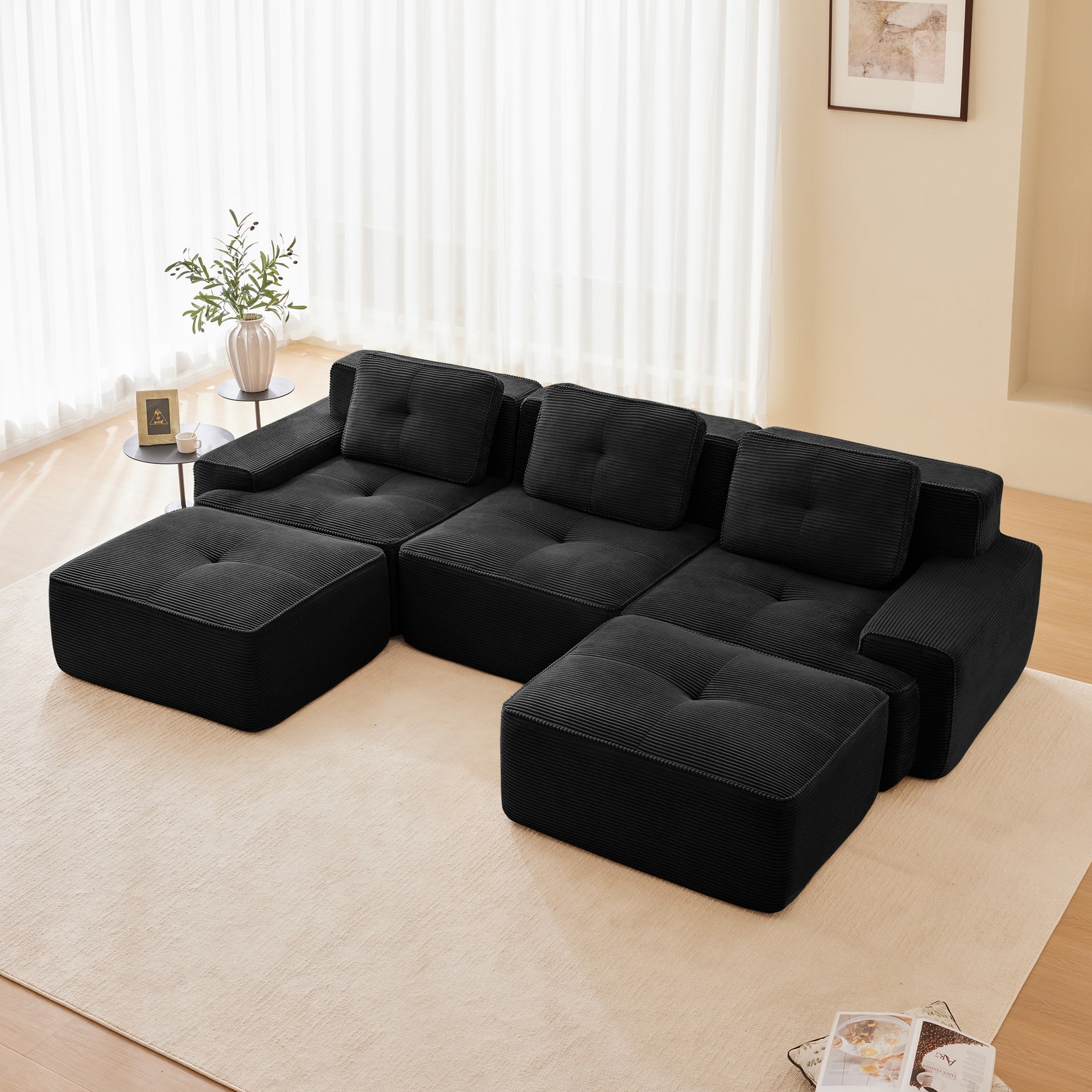 117" Modern U-Shaped Modular Sectional Sofa for Living Room, Corduroy Fabric, 3-Seater Couch with Deep Seat and Movable Ottoman,Pearl-like piping, Tufted Design,No Assembly, Anti-slip Design,Black