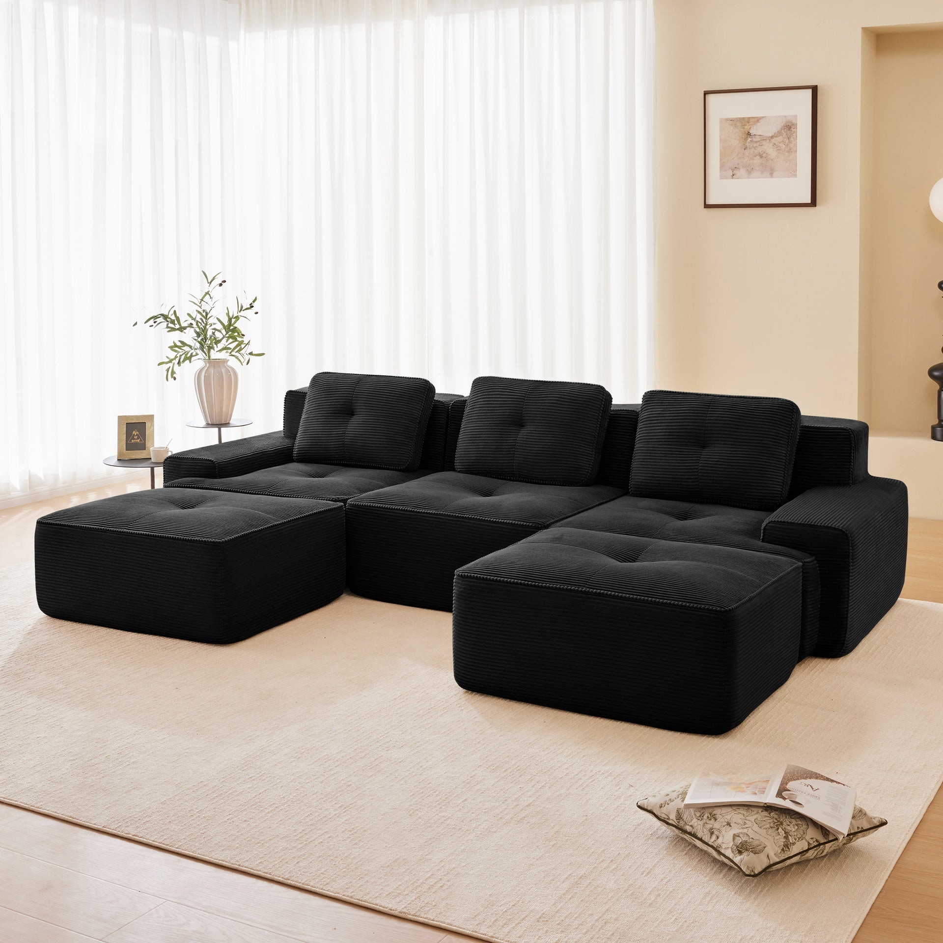 117" Modern U-Shaped Modular Sectional Sofa for Living Room, Corduroy Fabric, 3-Seater Couch with Deep Seat and Movable Ottoman,Pearl-like piping, Tufted Design,No Assembly, Anti-slip Design,Black