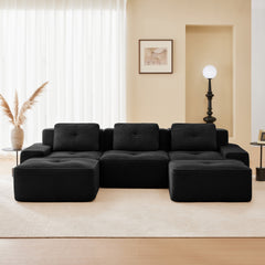 117" Modern U-Shaped Modular Sectional Sofa for Living Room, Corduroy Fabric, 3-Seater Couch with Deep Seat and Movable Ottoman,Pearl-like piping, Tufted Design,No Assembly, Anti-slip Design,Black