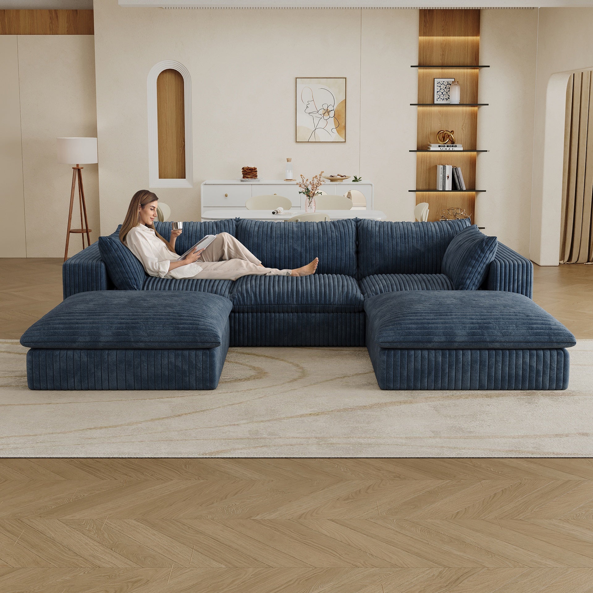 118.2" Cloud Sofa,Corduroy Fabric,Deep Seat Couches,Double-layer design,Removable Cushion,No Assembly, DIY Combination for Living room, Bedroom,Conference room ,Apartment,Blue