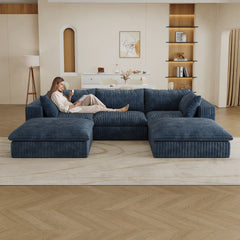 118.2" Cloud Sofa,Corduroy Fabric,Deep Seat Couches,Double-layer design,Removable Cushion,No Assembly, DIY Combination for Living room, Bedroom,Conference room ,Apartment,Blue