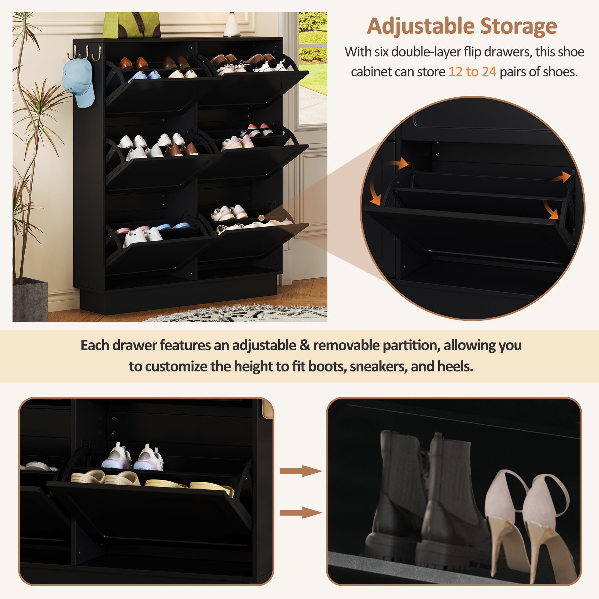Modern Elegant Narrow Tipping Bucket Shoe Cabinet with 6 Flip Drawers, Space Saving Design, Cream Style Entryway Organizer with Adjustable Shelf, Free-Standing Shoe Rack with 3 Silvery Hooks, Black