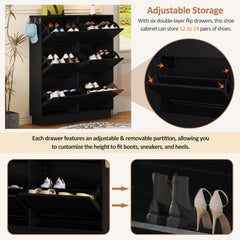 Modern Elegant Narrow Tipping Bucket Shoe Cabinet with 6 Flip Drawers, Space Saving Design, Cream Style Entryway Organizer with Adjustable Shelf, Free-Standing Shoe Rack with 3 Silvery Hooks, Black