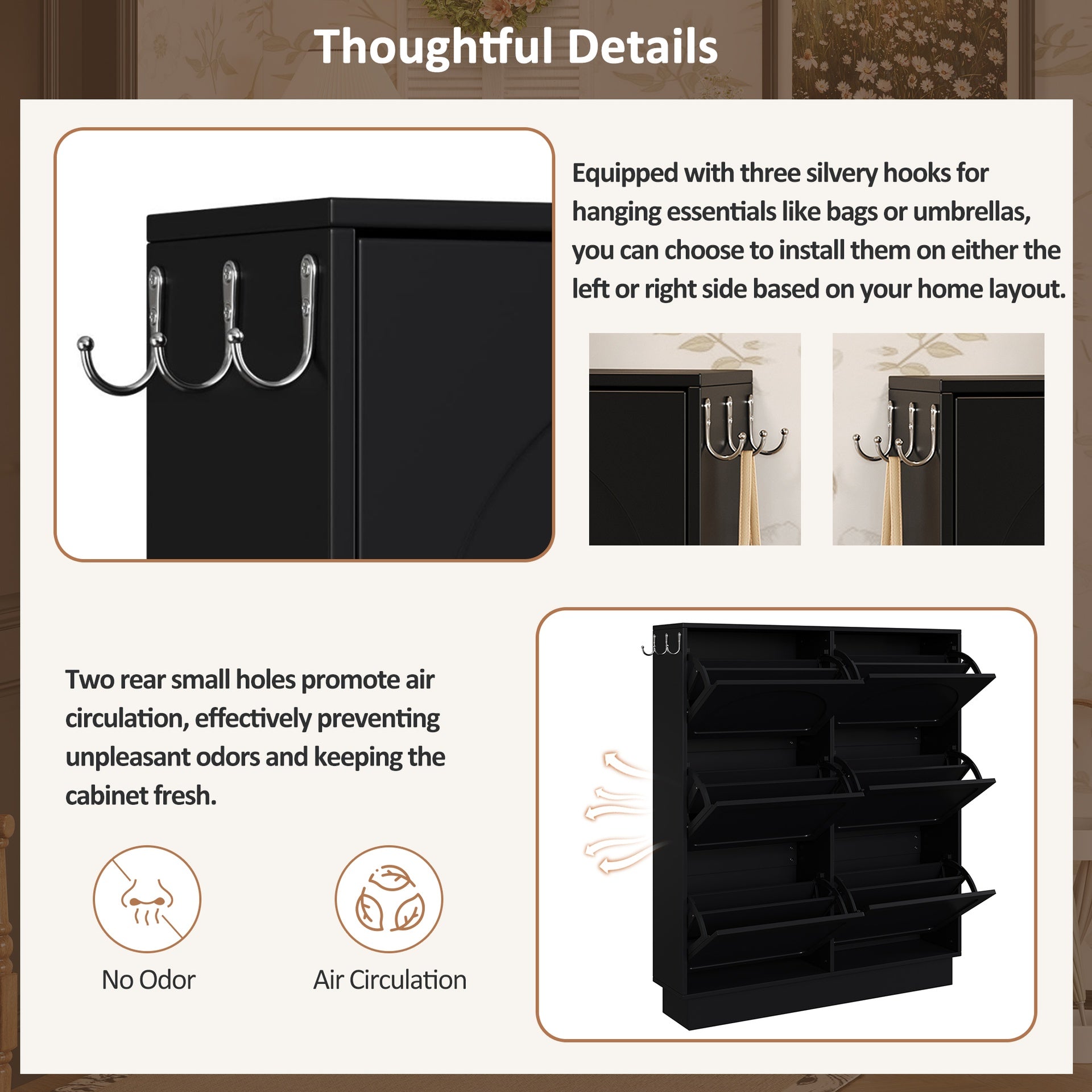 Modern Elegant Narrow Tipping Bucket Shoe Cabinet with 6 Flip Drawers, Space Saving Design, Cream Style Entryway Organizer with Adjustable Shelf, Free-Standing Shoe Rack with 3 Silvery Hooks, Black