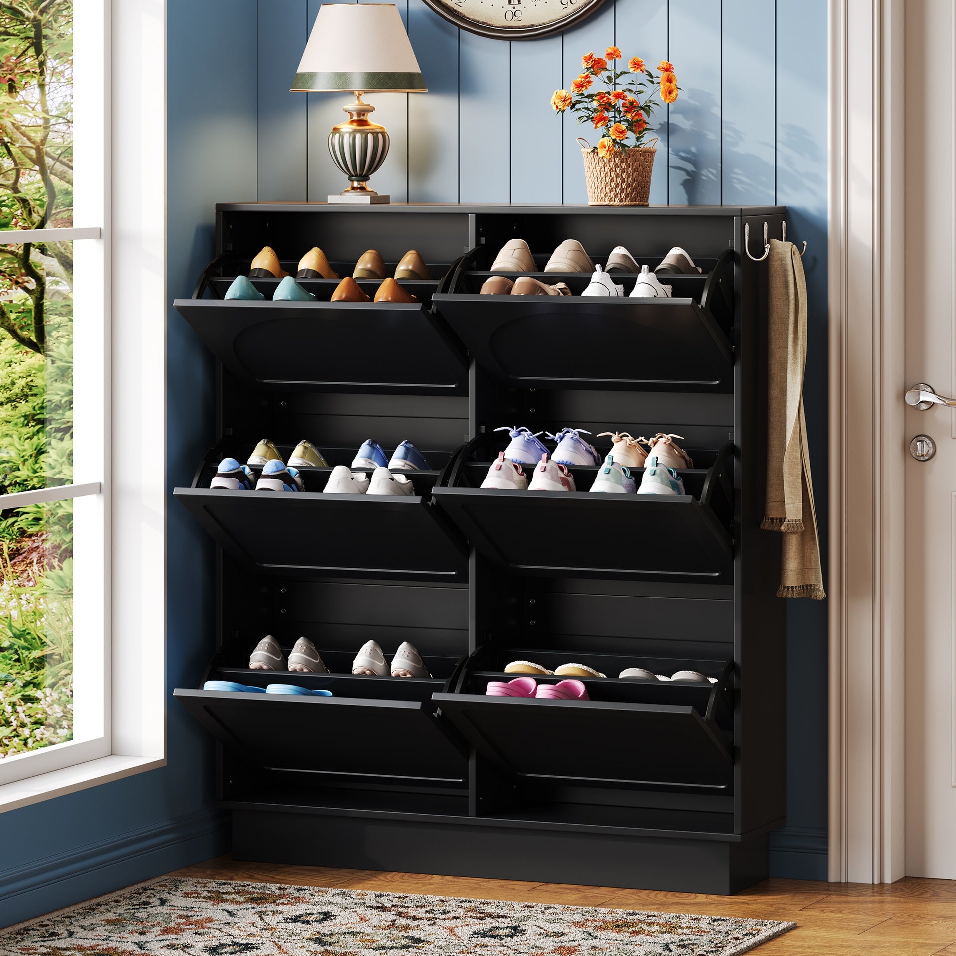 Modern Elegant Narrow Tipping Bucket Shoe Cabinet with 6 Flip Drawers, Space Saving Design, Cream Style Entryway Organizer with Adjustable Shelf, Free-Standing Shoe Rack with 3 Silvery Hooks, Black