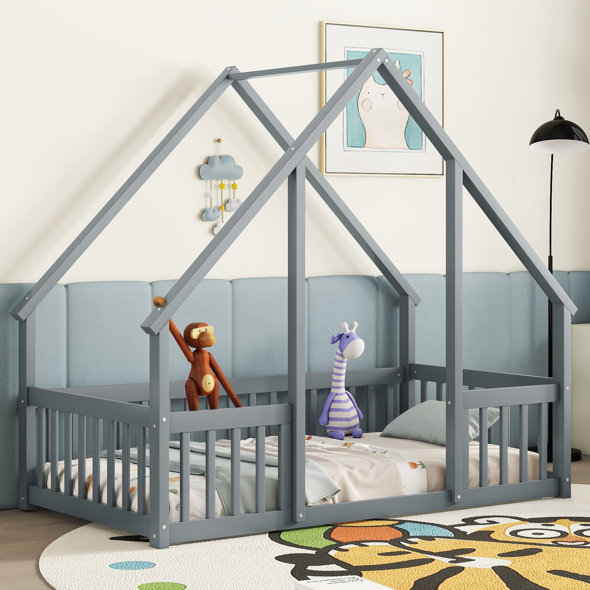 Twin Wood House-Shaped Floor Bed with Fence, Guardrails ,Grey