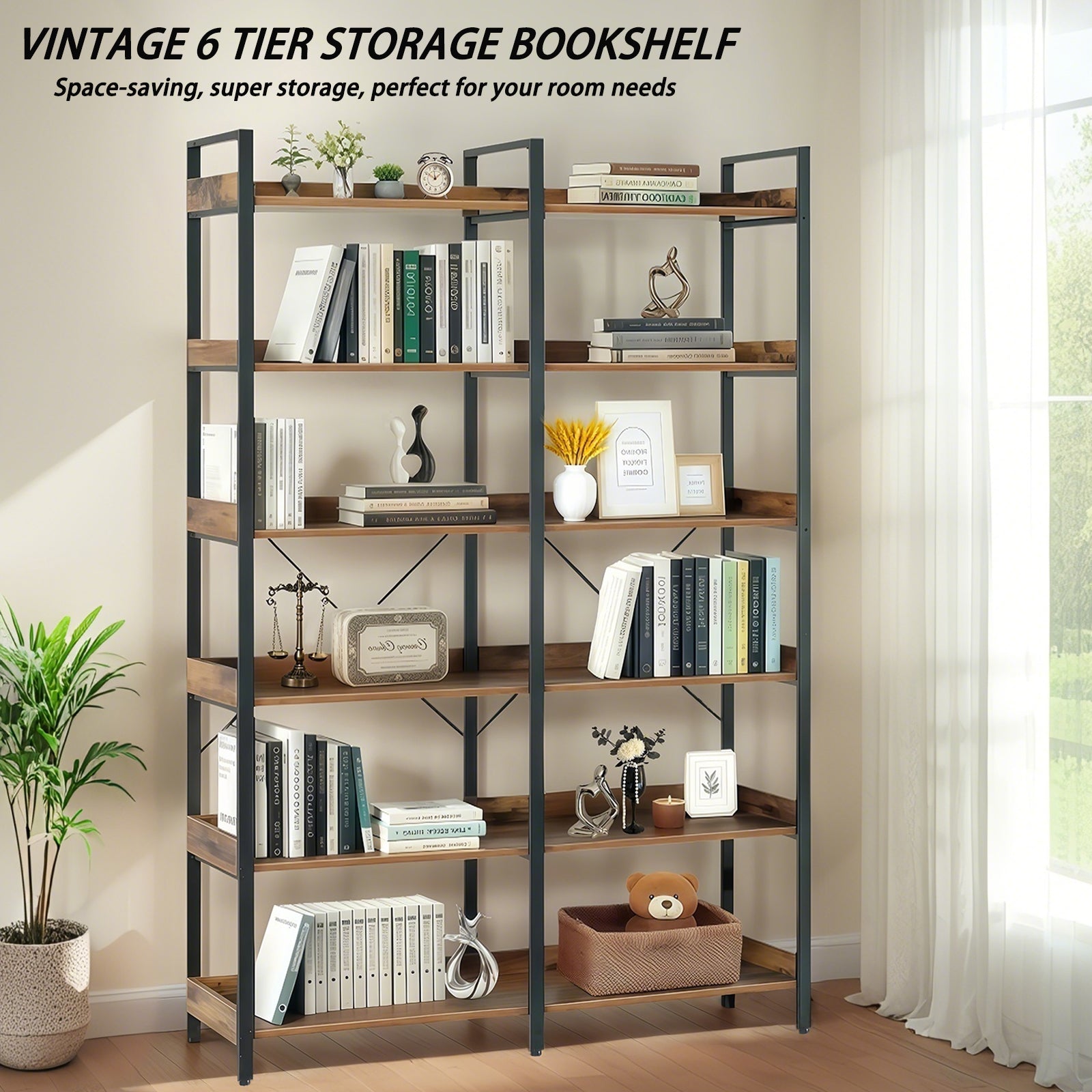 6-Tier Industrial Bookshelf, 67" Wooden Bookshelf with Open Shelves, Freestanding Metal Frame Bookcase for Storage and Display, Modern Book Shelves for Bedroom, Living Room and Home Office, Brown