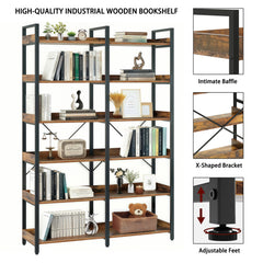6-Tier Industrial Bookshelf, 67" Wooden Bookshelf with Open Shelves, Freestanding Metal Frame Bookcase for Storage and Display, Modern Book Shelves for Bedroom, Living Room and Home Office, Brown