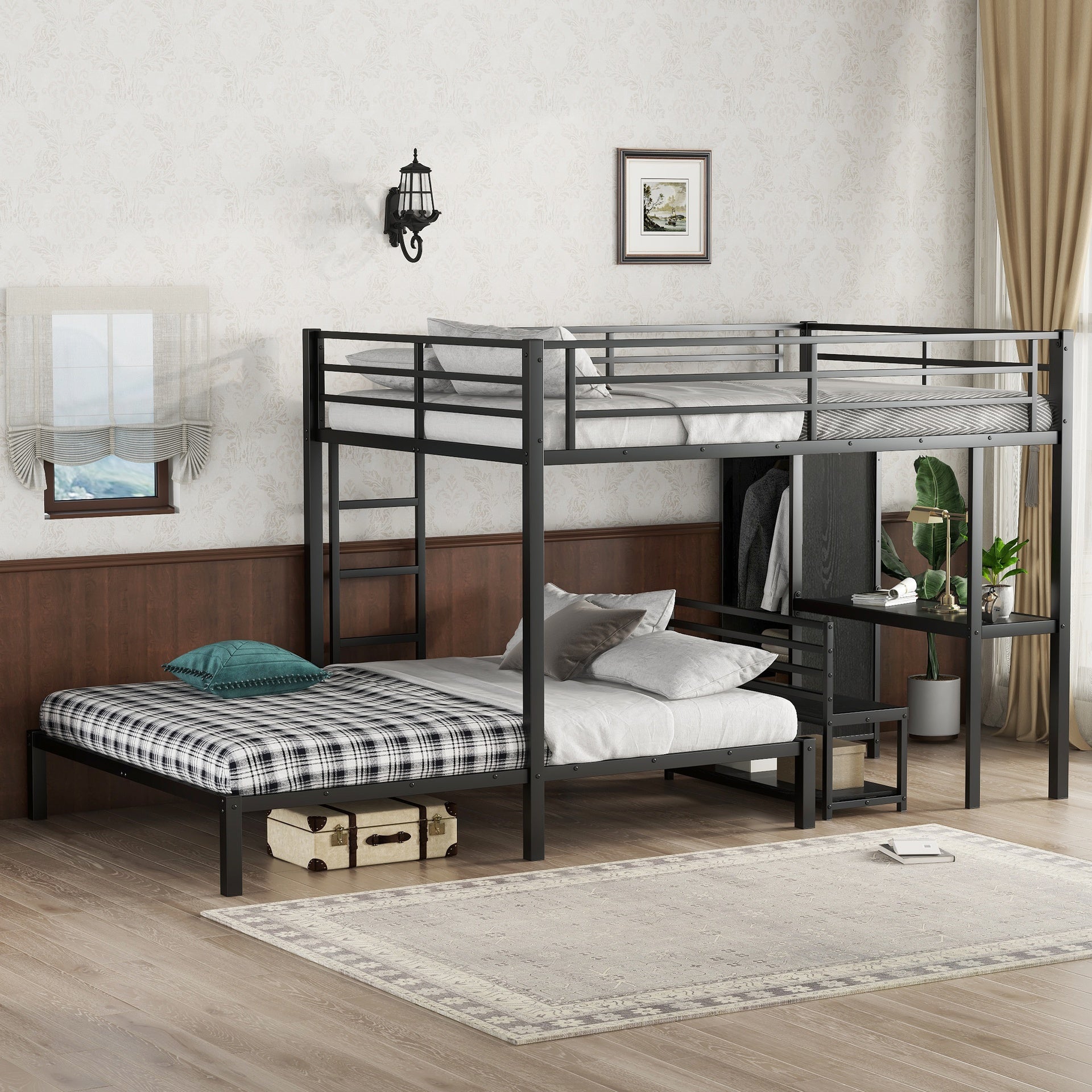 Queen over Queen Size Bunk Bed Frame with Built-in Wardrobe, Metal Bunk Bed with Desk and Storage Chairs, Black