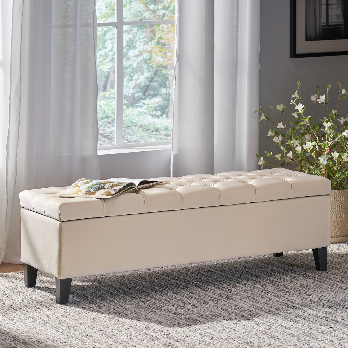 Button - Tufted and Diamond - Stitched Storage Ottoman, Beige
