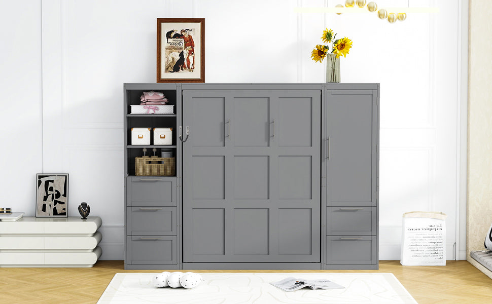 Queen Size Murphy Bed Wall Bed with Closet ,Drawers and Shelves,Gray