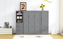 Queen Size Murphy Bed Wall Bed with Closet ,Drawers and Shelves,Gray
