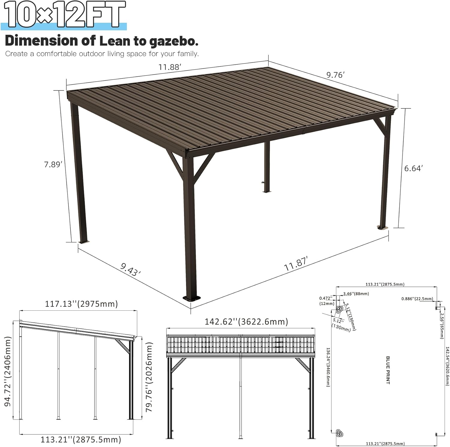 10x12FT Lean to Gazebo, Outdoor Hardtop Wall Mounted Gazebo with Sloping Galvanized Steel Roof, Upgraded Heavy Duty Mounted Shelter with Drainage System for Deck, Porch, Backyard,Brown