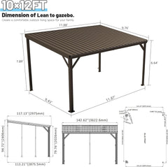 10x12FT Lean to Gazebo, Outdoor Hardtop Wall Mounted Gazebo with Sloping Galvanized Steel Roof, Upgraded Heavy Duty Mounted Shelter with Drainage System for Deck, Porch, Backyard,Brown