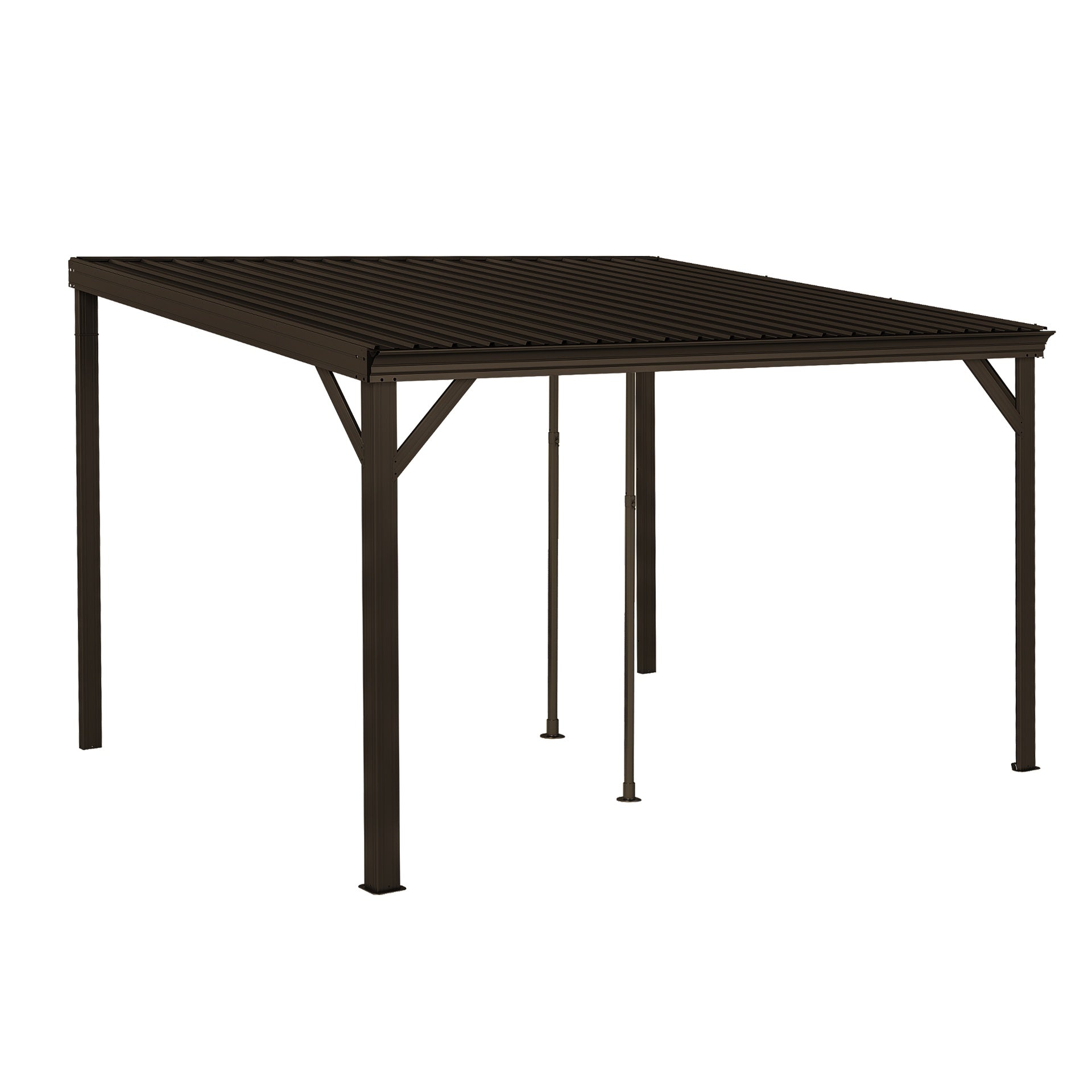 10x12FT Lean to Gazebo, Outdoor Hardtop Wall Mounted Gazebo with Sloping Galvanized Steel Roof, Upgraded Heavy Duty Mounted Shelter with Drainage System for Deck, Porch, Backyard,Brown