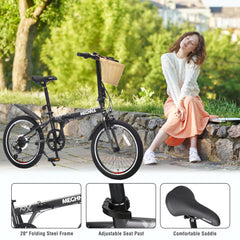 20 Inch Folding Bike for Adults with Basket, Phone Holder & Fenders, Steel Frame 6-Speed City Commuter, Dual V-Brake Portable Compact Bicycle for Men & Women