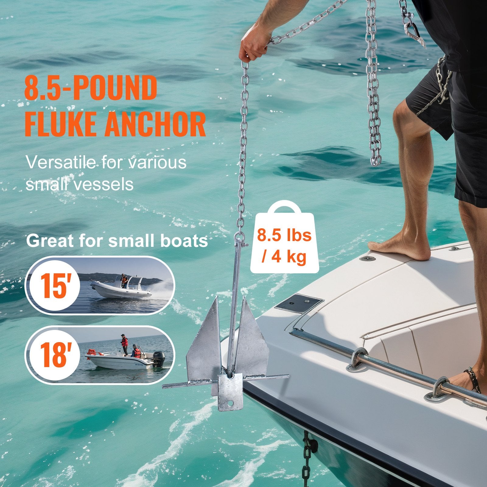 Fluke Style Anchor Kit, 8.5 LBS Hot-Dipped Galvanized Steel Fluke Anchor with 7.9' Chain, 75' Rope and Two 0.4" Shackles, Marine Boat Anchor for Small Vessels Under 18', Seas, Rivers and Shores