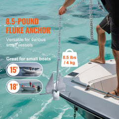 Fluke Style Anchor Kit, 8.5 LBS Hot-Dipped Galvanized Steel Fluke Anchor with 7.9' Chain, 75' Rope and Two 0.4" Shackles, Marine Boat Anchor for Small Vessels Under 18', Seas, Rivers and Shores