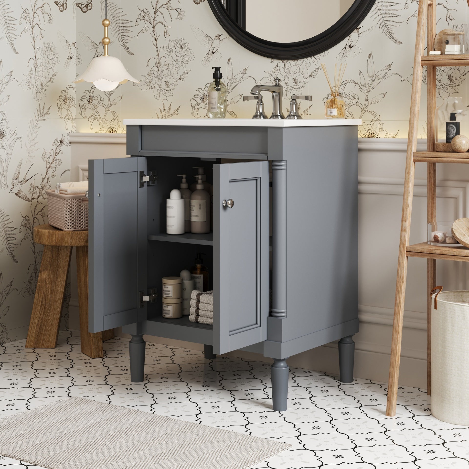 24'' Bathroom Vanity with Top Sink, 2-Tier Modern Bathroom Storage Cabinet, Single Sink Bathroom Vanity, Large Storage Shelves