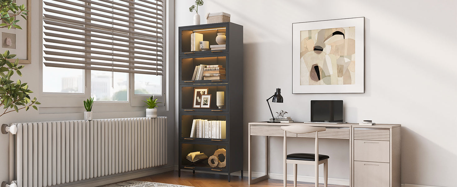 76.75'' Tall Iron Display Cabinet with Glass Doors, 5-Tier Steel Barister Bookcase with LED Lights for Collectibles, Modern Style Curio Cabinet for Home Living Room Office Study & Playroom - Black