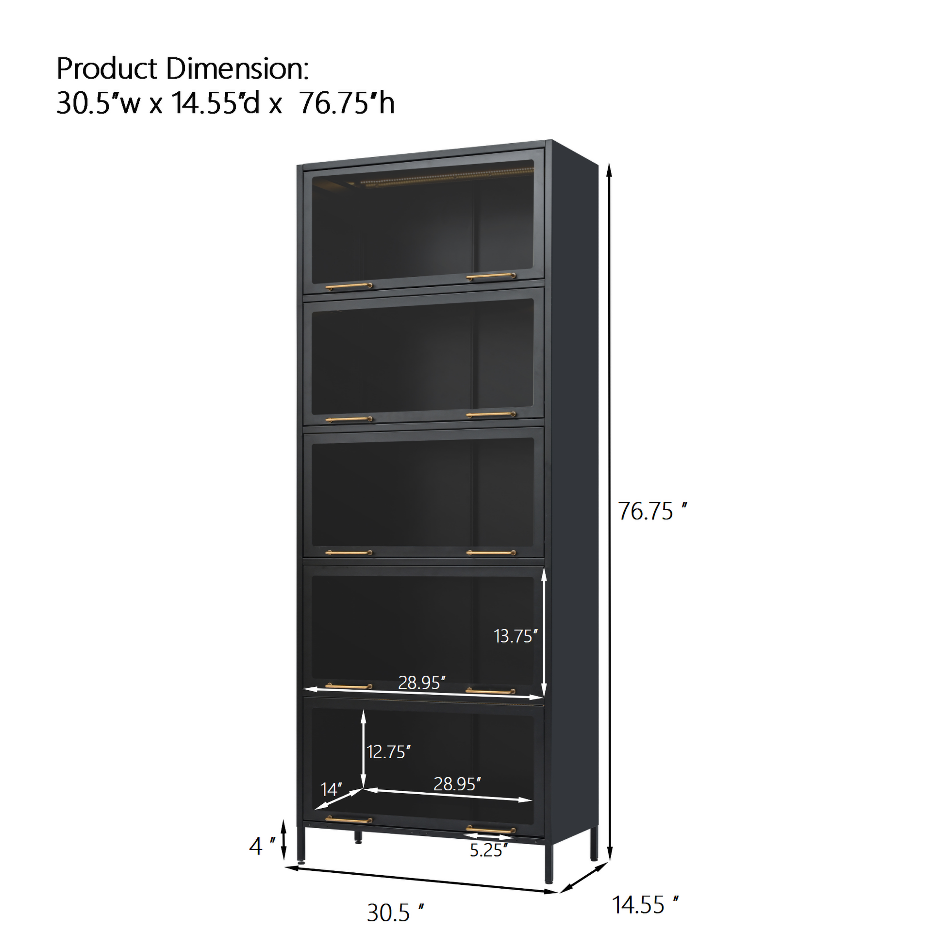 76.75'' Tall Iron Display Cabinet with Glass Doors, 5-Tier Steel Barister Bookcase with LED Lights for Collectibles, Modern Style Curio Cabinet for Home Living Room Office Study & Playroom - Black