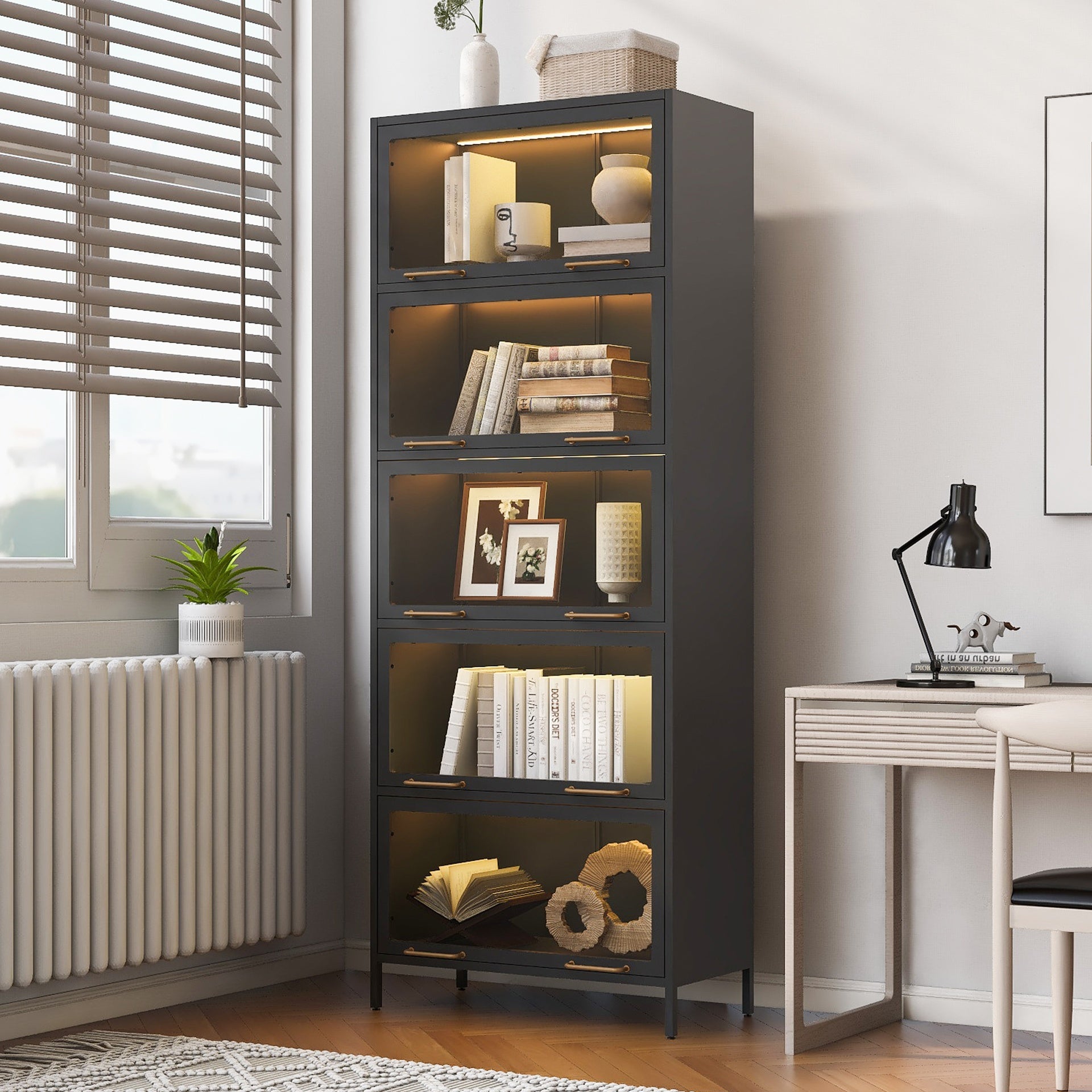 76.75'' Tall Iron Display Cabinet with Glass Doors, 5-Tier Steel Barister Bookcase with LED Lights for Collectibles, Modern Style Curio Cabinet for Home Living Room Office Study & Playroom - Black