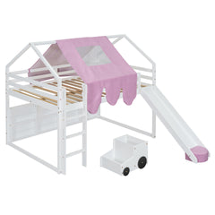 Full size Wooden Loft Bed House-shaped Frame with a Tent, White+Pink