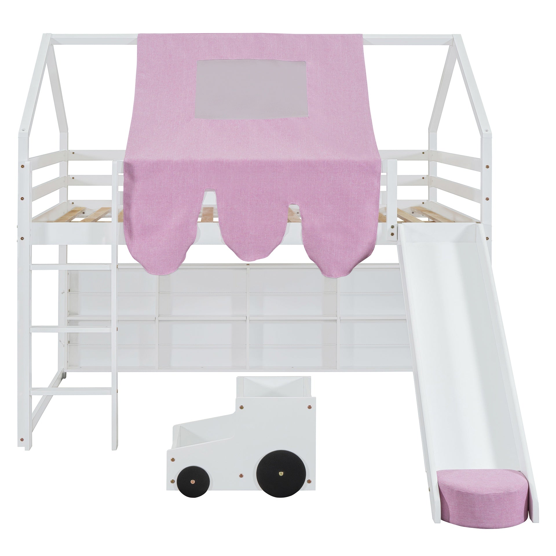 Full size Wooden Loft Bed House-shaped Frame with a Tent, White+Pink