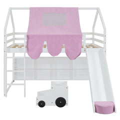 Full size Wooden Loft Bed House-shaped Frame with a Tent, White+Pink