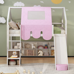 Full size Wooden Loft Bed House-shaped Frame with a Tent, White+Pink