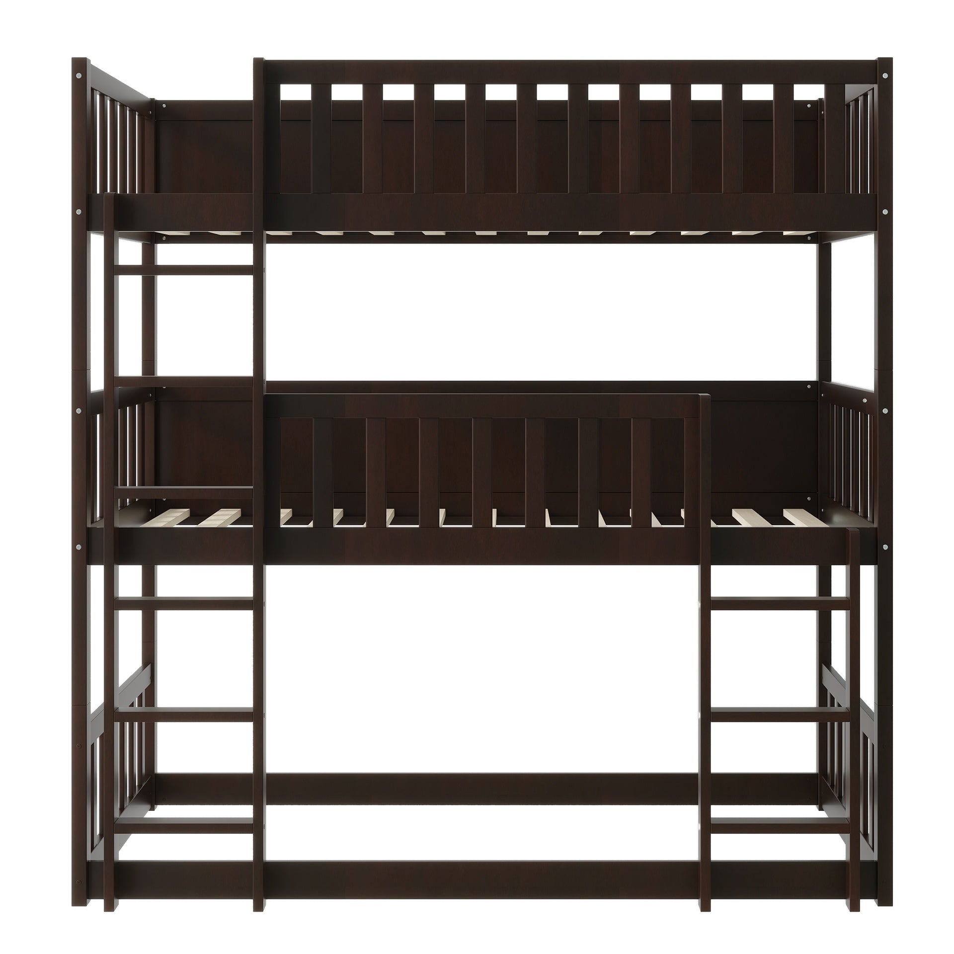 Twin Size Triple Rubber Wood Bunk Bed, with Ladders, Guardrails Detachable Bunk Bed, Twin over Twin over Twin,Espresso