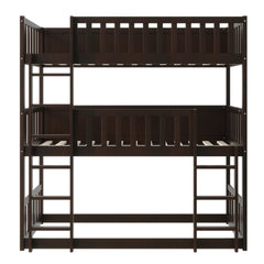 Twin Size Triple Rubber Wood Bunk Bed, with Ladders, Guardrails Detachable Bunk Bed, Twin over Twin over Twin,Espresso