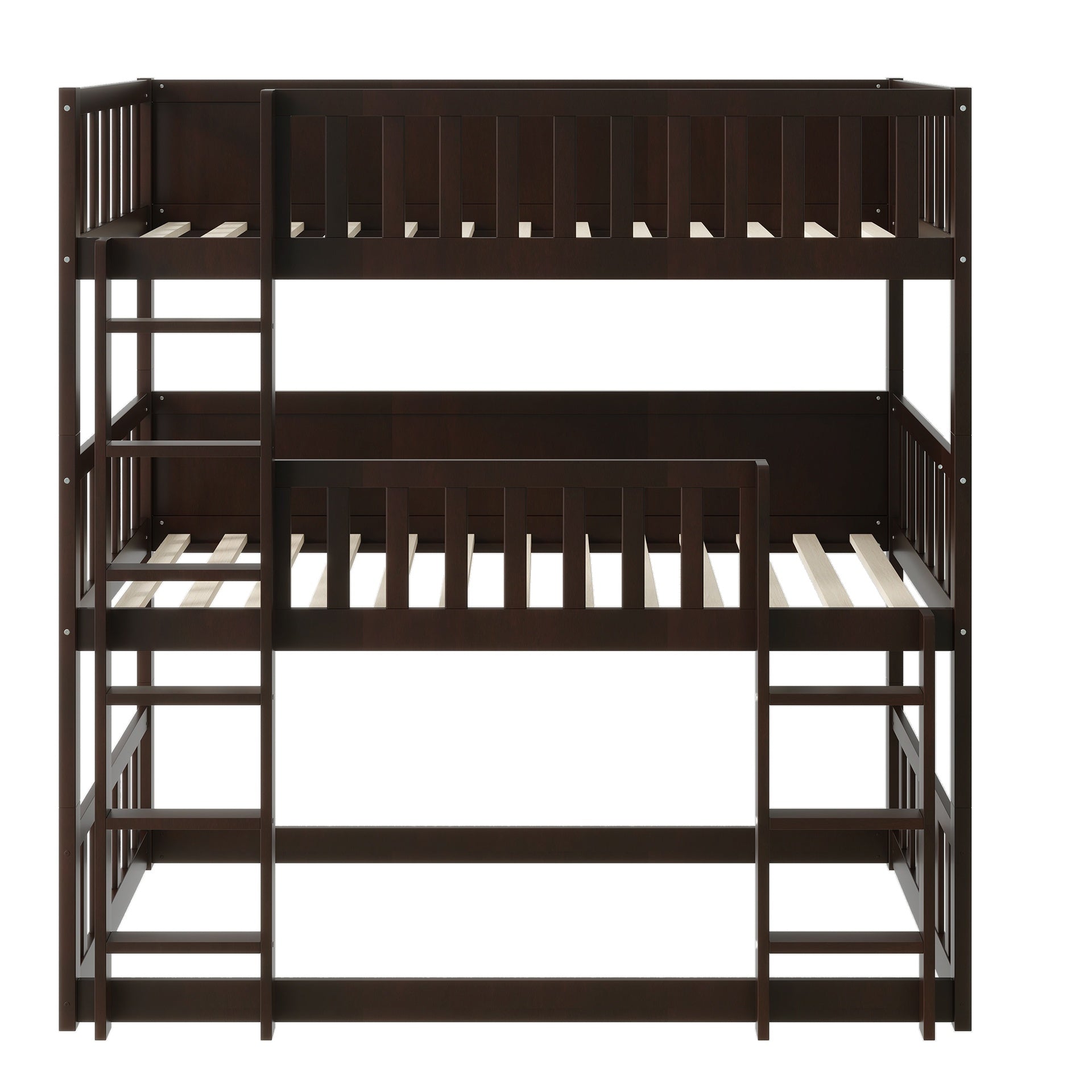 Twin Size Triple Rubber Wood Bunk Bed, with Ladders, Guardrails Detachable Bunk Bed, Twin over Twin over Twin,Espresso