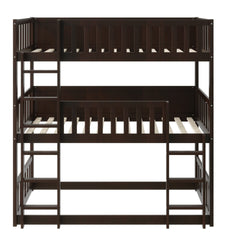 Twin Size Triple Rubber Wood Bunk Bed, with Ladders, Guardrails Detachable Bunk Bed, Twin over Twin over Twin,Espresso
