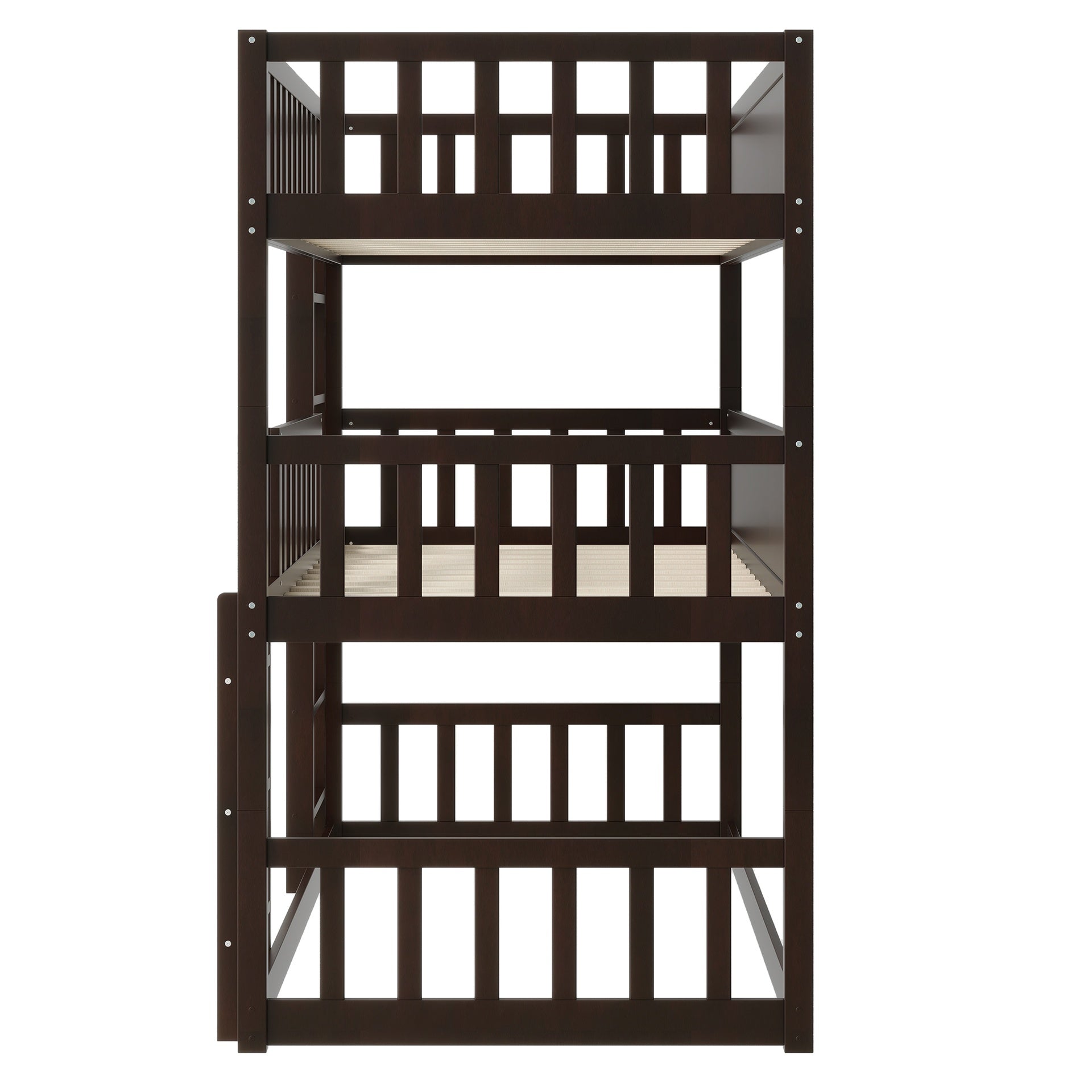 Twin Size Triple Rubber Wood Bunk Bed, with Ladders, Guardrails Detachable Bunk Bed, Twin over Twin over Twin,Espresso