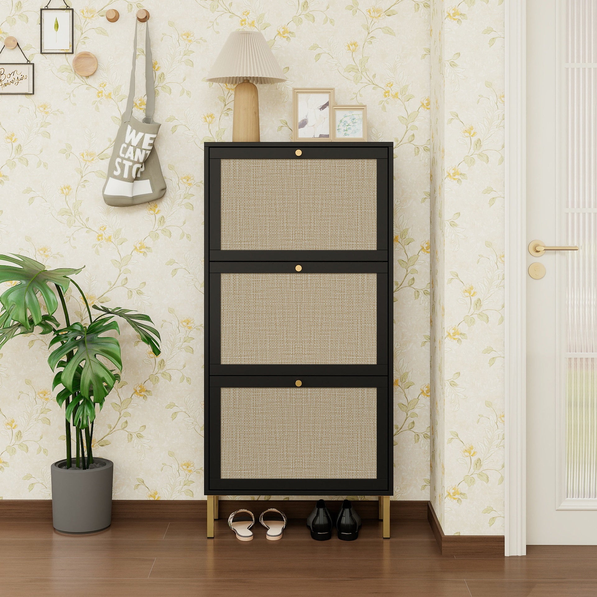 Rattan 3 Door Shoe Rack, Freestanding Modern Shoe Storage Cabinet, for Entryway