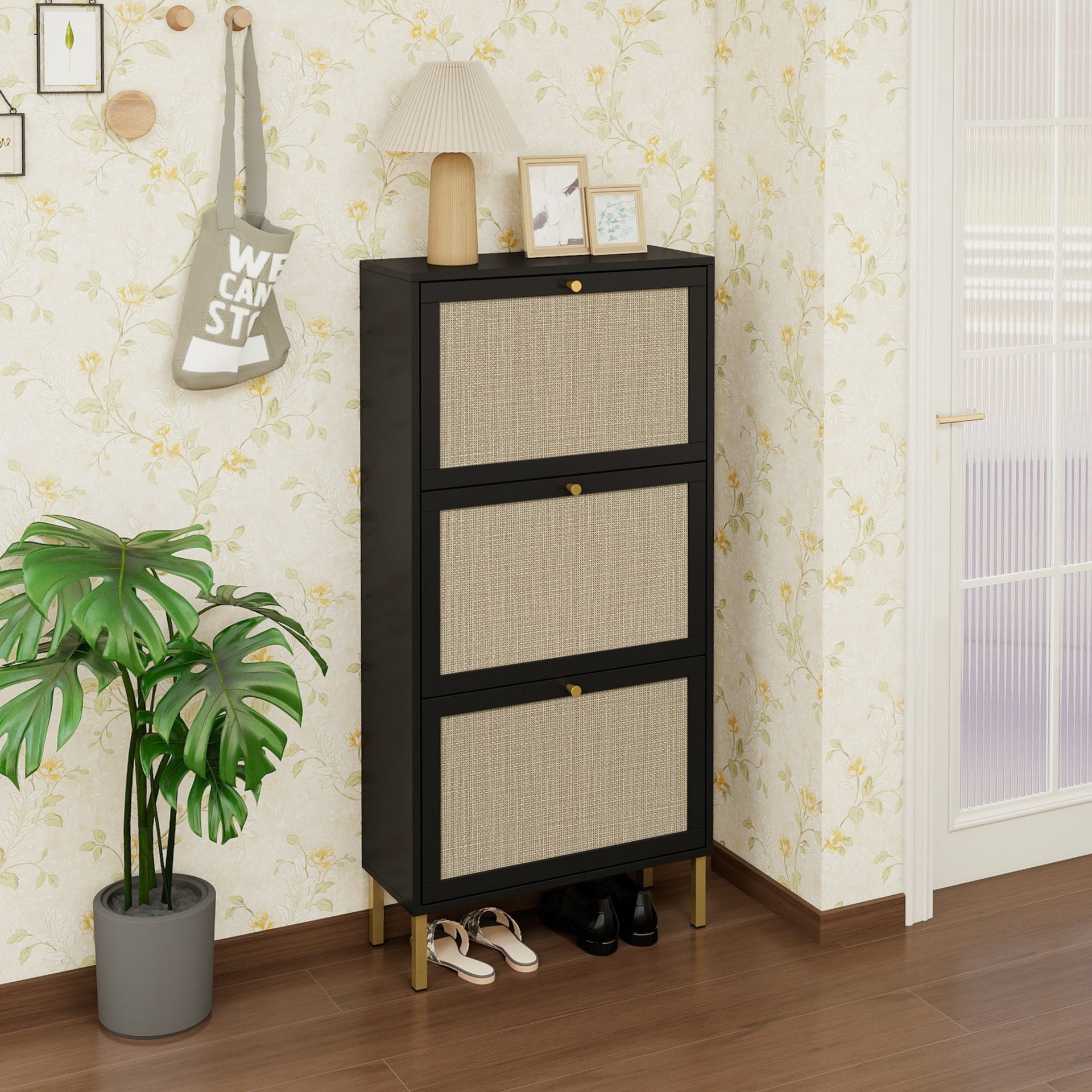 Rattan 3 Door Shoe Rack, Freestanding Modern Shoe Storage Cabinet, for Entryway