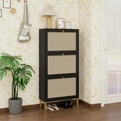 Rattan 3 Door Shoe Rack, Freestanding Modern Shoe Storage Cabinet, for Entryway