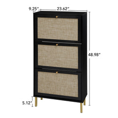 Rattan 3 Door Shoe Rack, Freestanding Modern Shoe Storage Cabinet, for Entryway