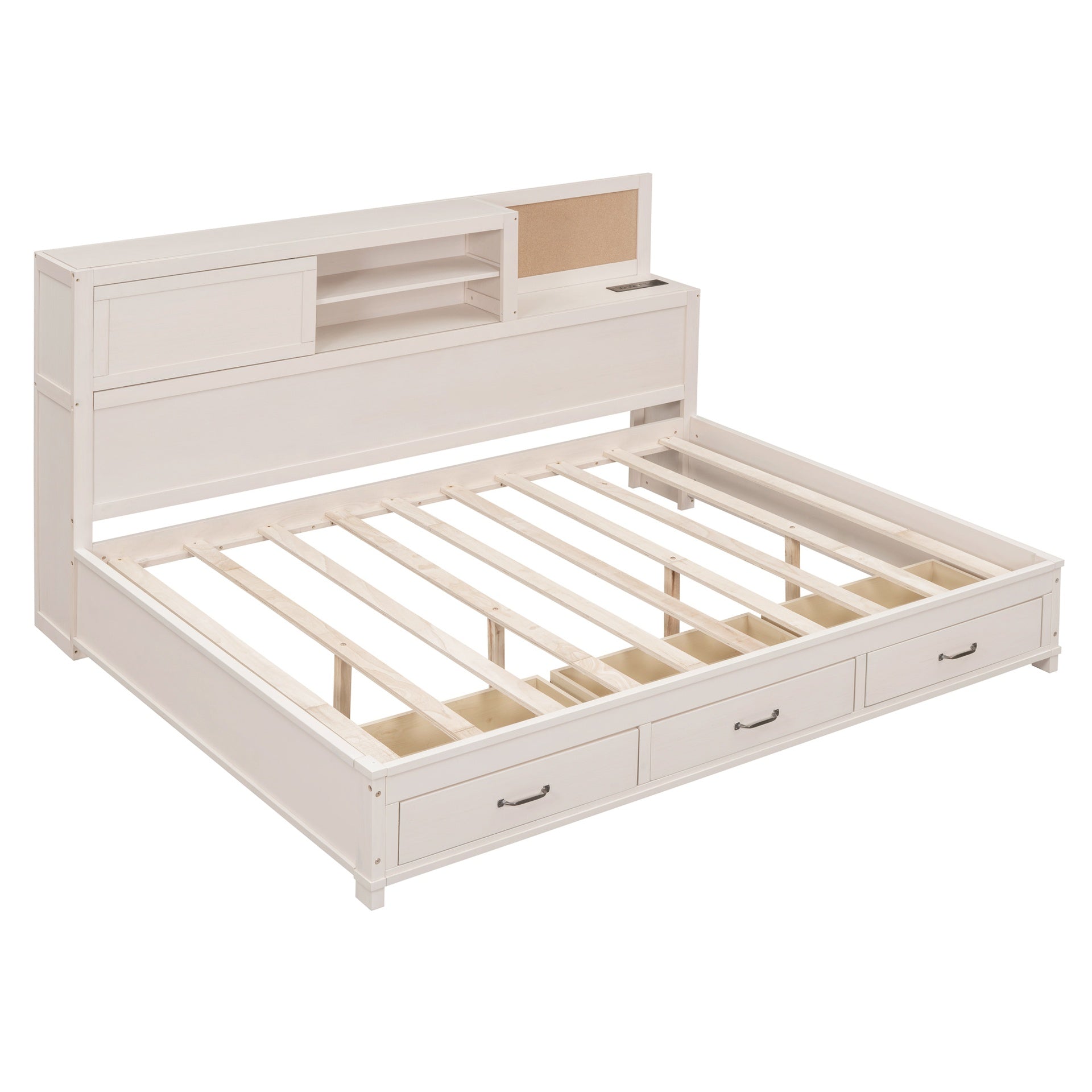 Full Size Wooden Daybed with 3 Storage Drawers, Upper Soft Board, shelf, and a set of Sockets and USB Ports, White