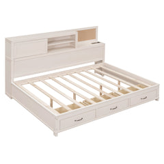 Full Size Wooden Daybed with 3 Storage Drawers, Upper Soft Board, shelf, and a set of Sockets and USB Ports, White