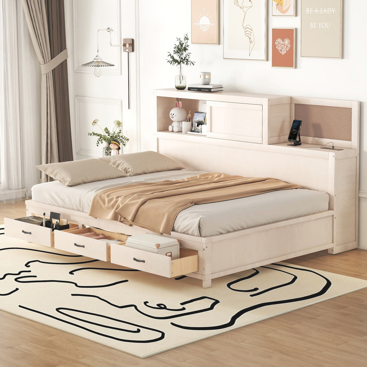 Full Size Wooden Daybed with 3 Storage Drawers, Upper Soft Board, shelf, and a set of Sockets and USB Ports, White