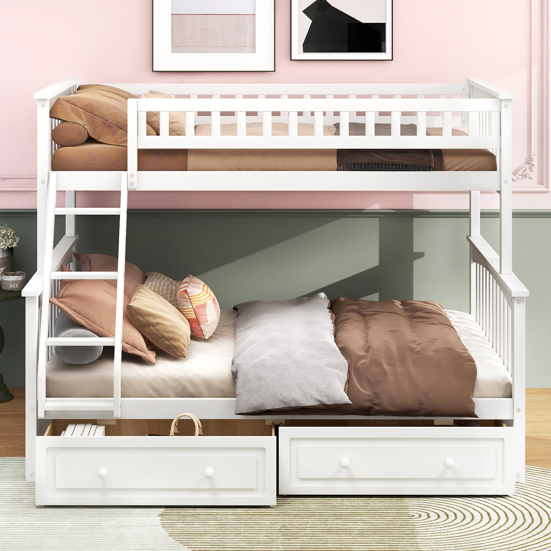 Twin over Full Bunk Bed with Drawers, Convertible Beds, White