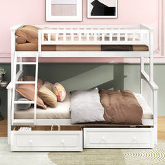 Twin over Full Bunk Bed with Drawers, Convertible Beds, White
