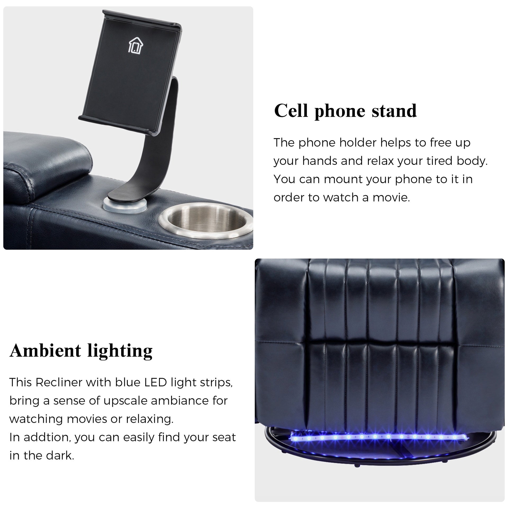 270° Power Swivel Recliner,Home Theater Seating With Hidden Arm Storage and  LED Light Strip,Cup Holder,360° Swivel Tray Table,and Cell Phone Holder,Soft Living Room Chair Blue