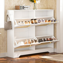 Mid-Century Narrow Design Tipping Bucket Shoe Cabinet with 4 Flip Drawers, Elegant Entryway Shoe Organizer with 4 Rattan Doors, Freestanding Shoe Rack with 2 Silvery Hooks for Hallway, White, 42.1"W