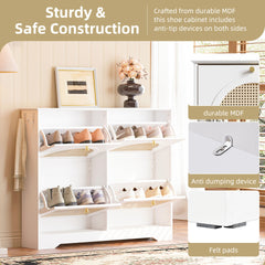 Mid-Century Narrow Design Tipping Bucket Shoe Cabinet with 4 Flip Drawers, Elegant Entryway Shoe Organizer with 4 Rattan Doors, Freestanding Shoe Rack with 2 Silvery Hooks for Hallway, White, 42.1"W